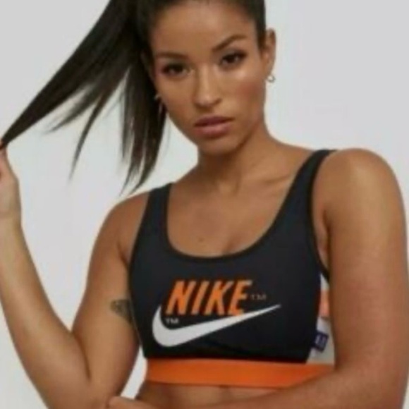 Nike Women's Black and Orange Logo Sports Bra - Picture 1 of 5
